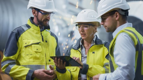 Drei Ingenieure stehen in der Rohrherstellung, verwenden Digital Tablet Computer, haben Diskussionen