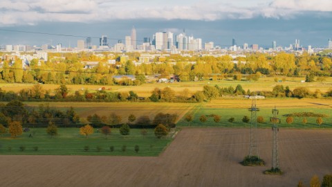 Weite Ansicht einer herbstlichen Landschaft, im Hintergrund ist die Skyline von Frankfurt zu sehen.